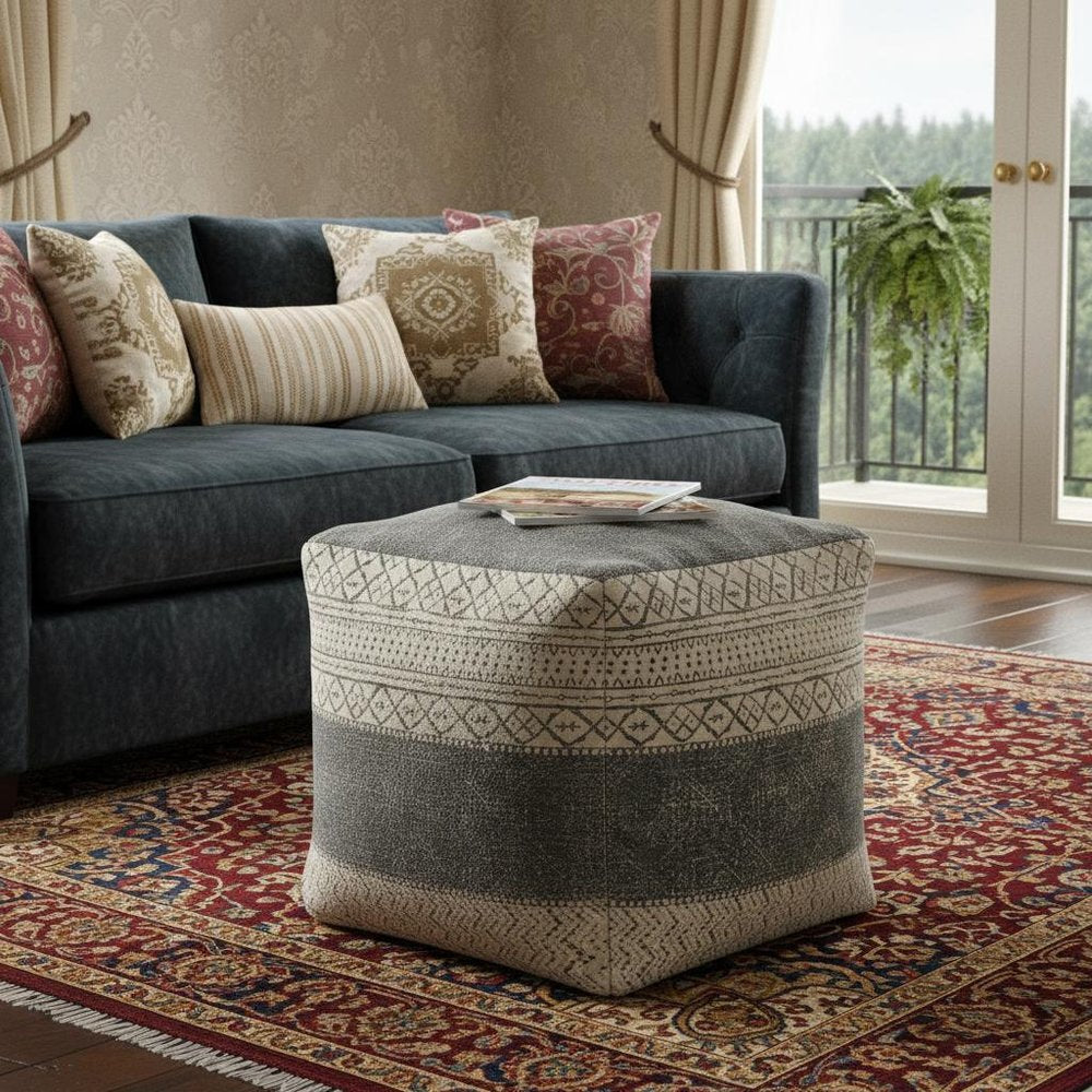 Cream Cotton Tribal Pouf Ottoman - 20-inch