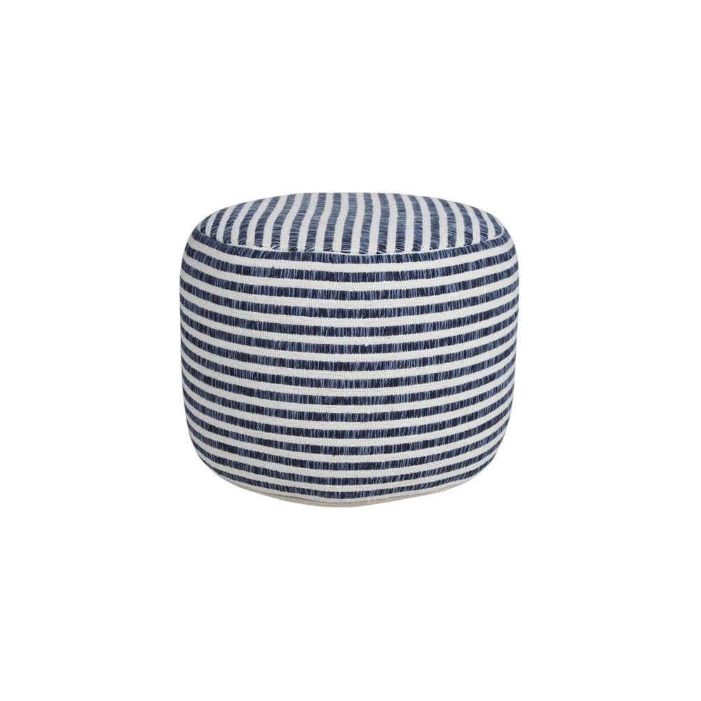 Blue and White Cotton Striped Cylinder Pouf Ottoman - 18-inch