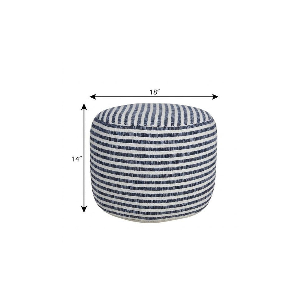 Blue and White Cotton Striped Cylinder Pouf Ottoman - 18-inch