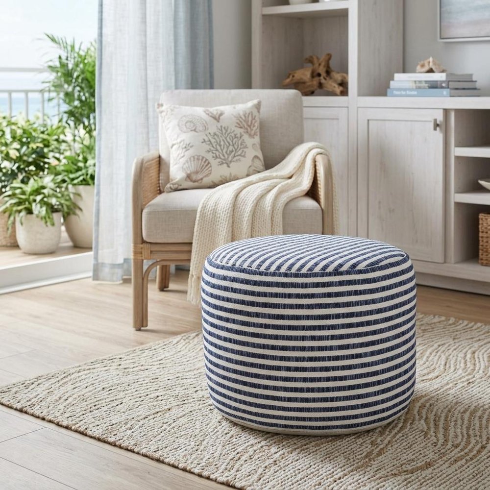 Blue and White Cotton Striped Cylinder Pouf Ottoman - 18-inch