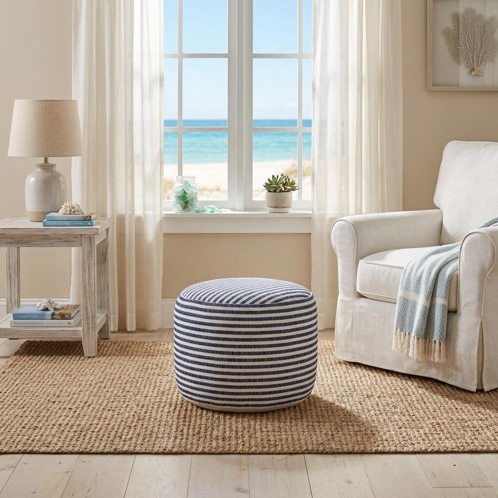 Blue and White Cotton Striped Cylinder Pouf Ottoman - 18-inch