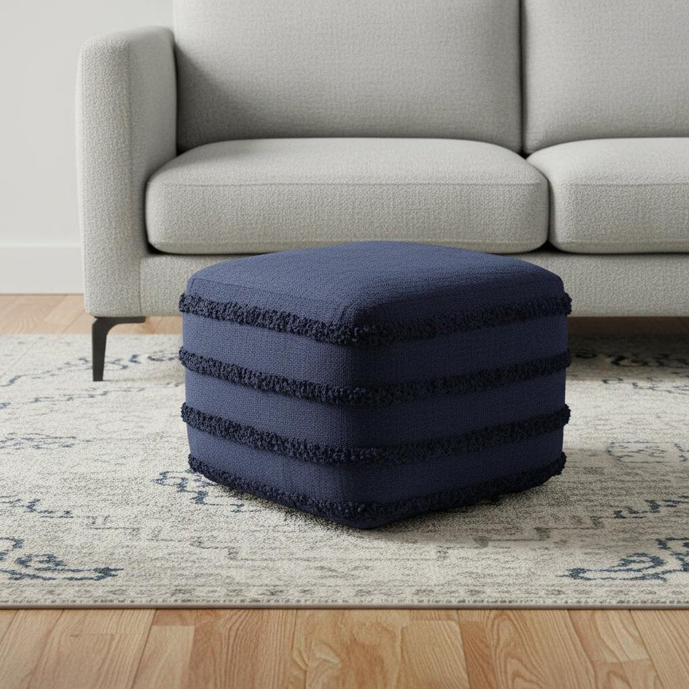 Blue Cotton Striped Pouf Ottoman - 18-inch