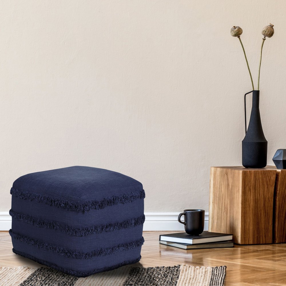 Blue Cotton Striped Pouf Ottoman - 18-inch