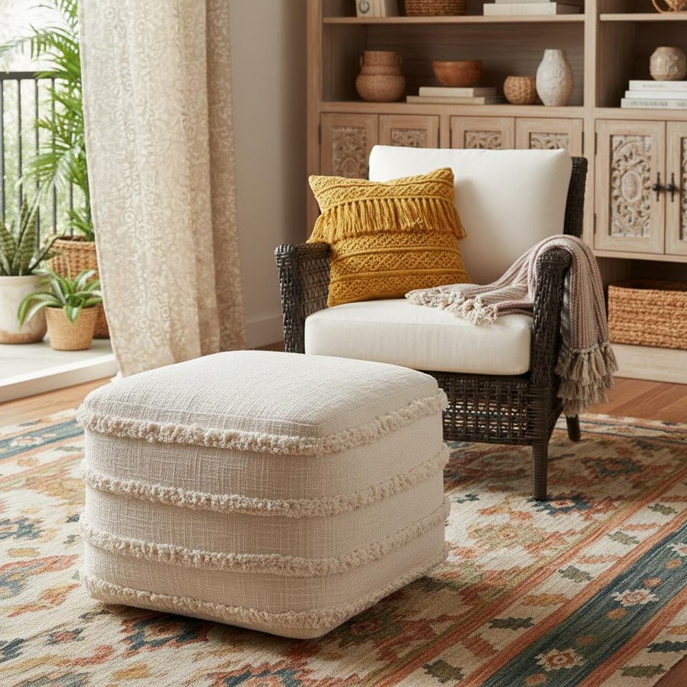 Blue Cotton Striped Pouf Ottoman - 18-inch