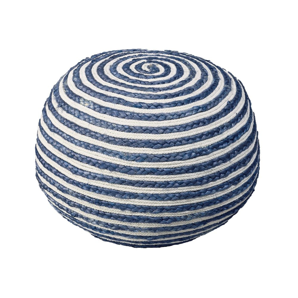 Blue Cotton Blend Round Striped Pouf Ottoman - 20-inch