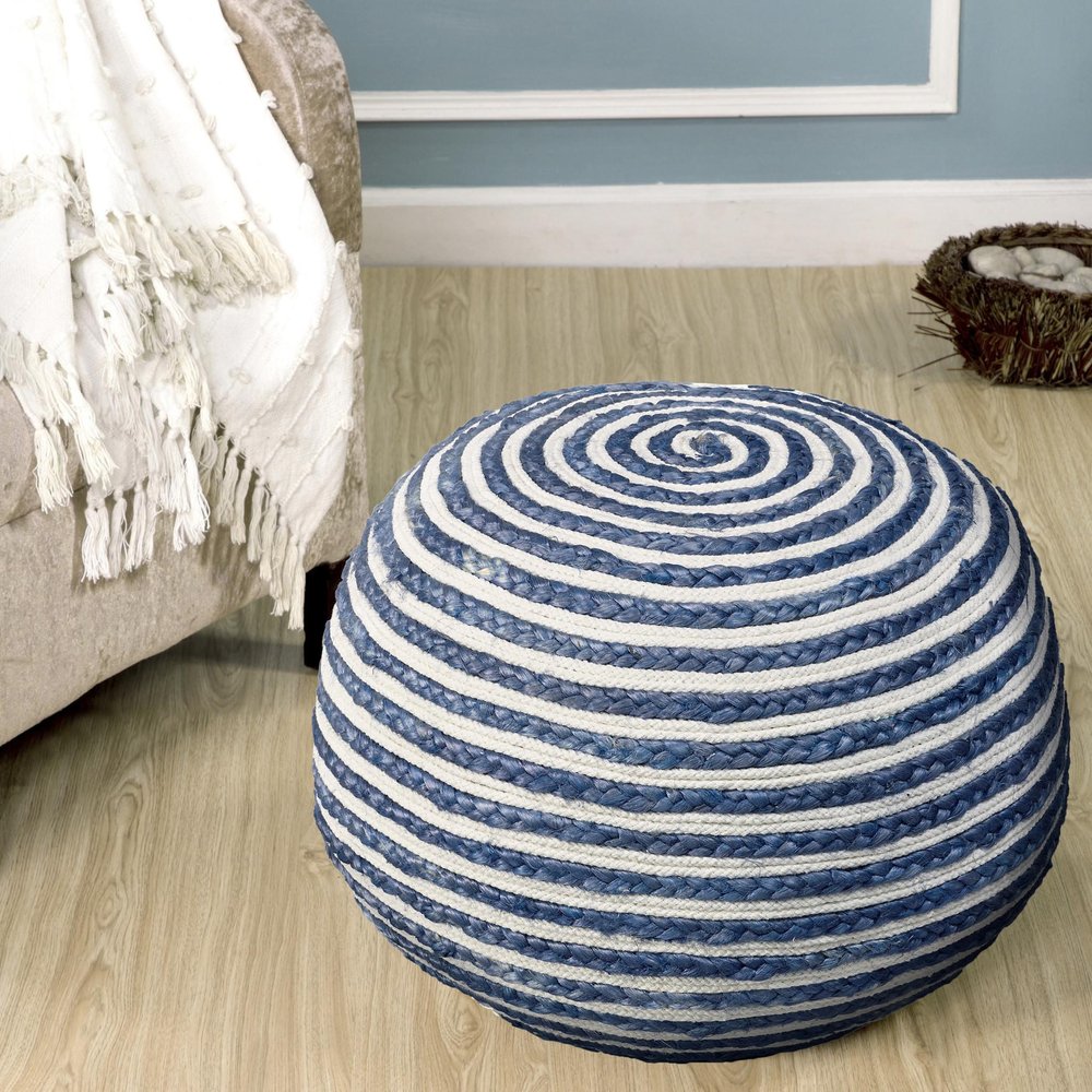 Blue Cotton Blend Round Striped Pouf Ottoman - 20-inch