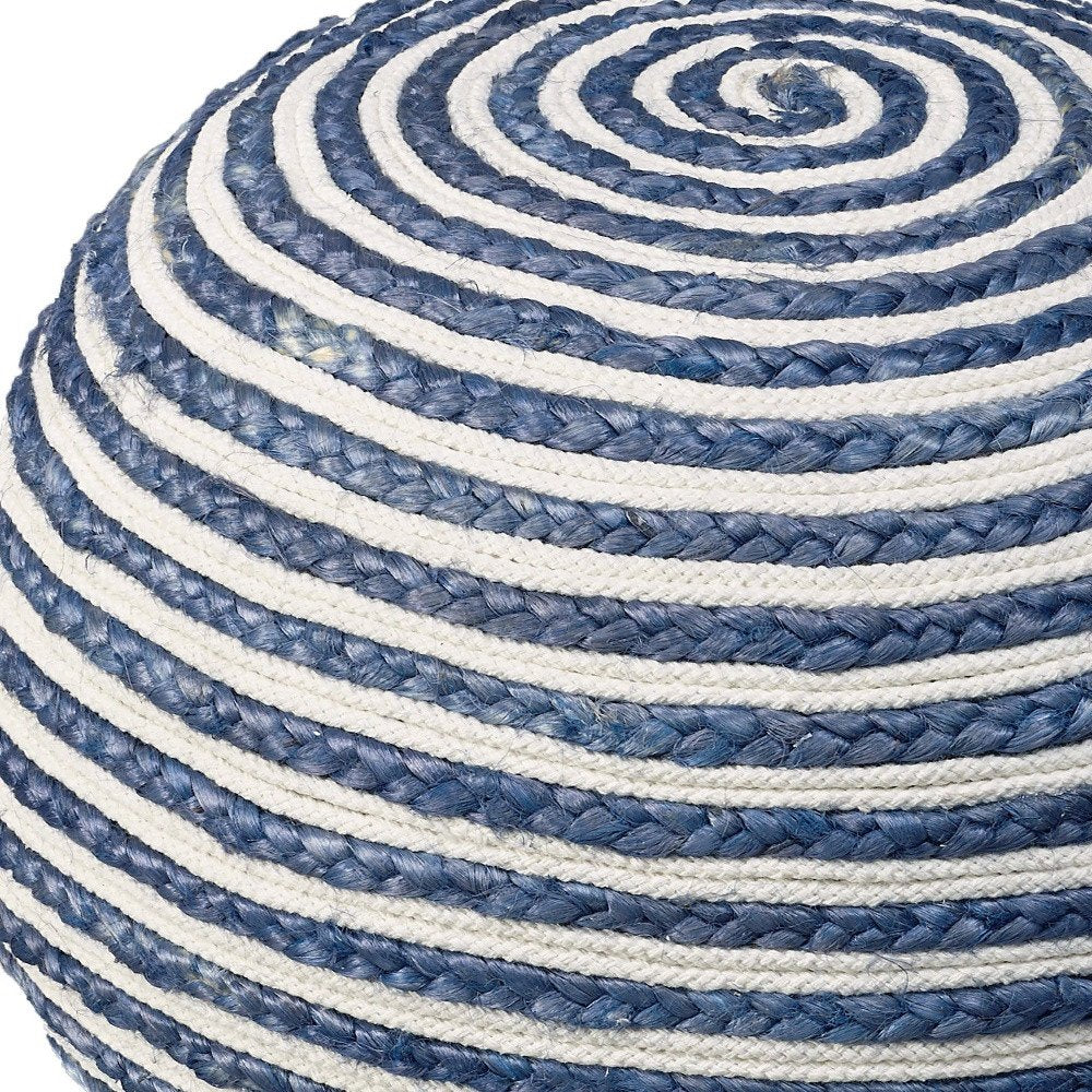 Blue Cotton Blend Round Striped Pouf Ottoman - 20-inch