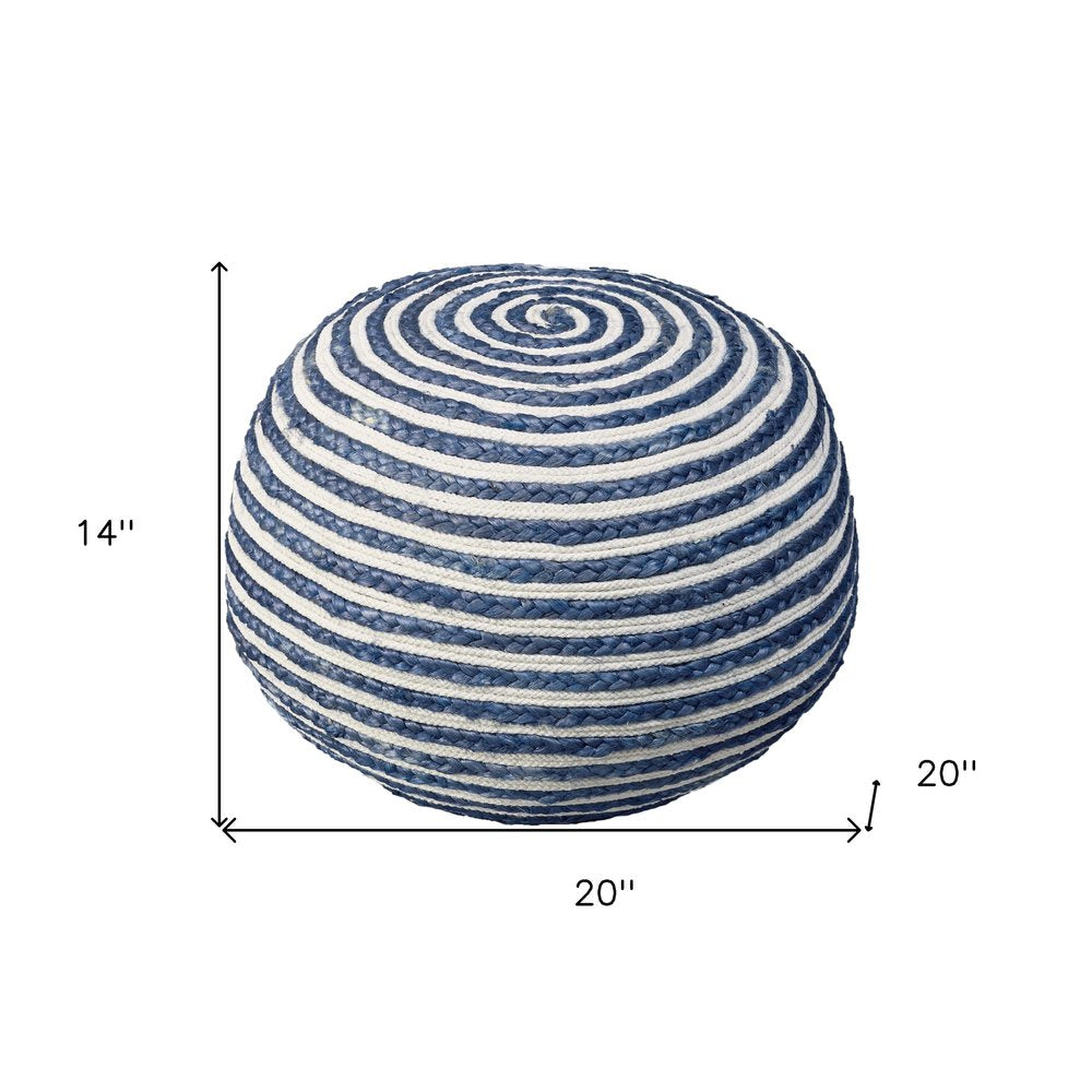 Blue Cotton Blend Round Striped Pouf Ottoman - 20-inch