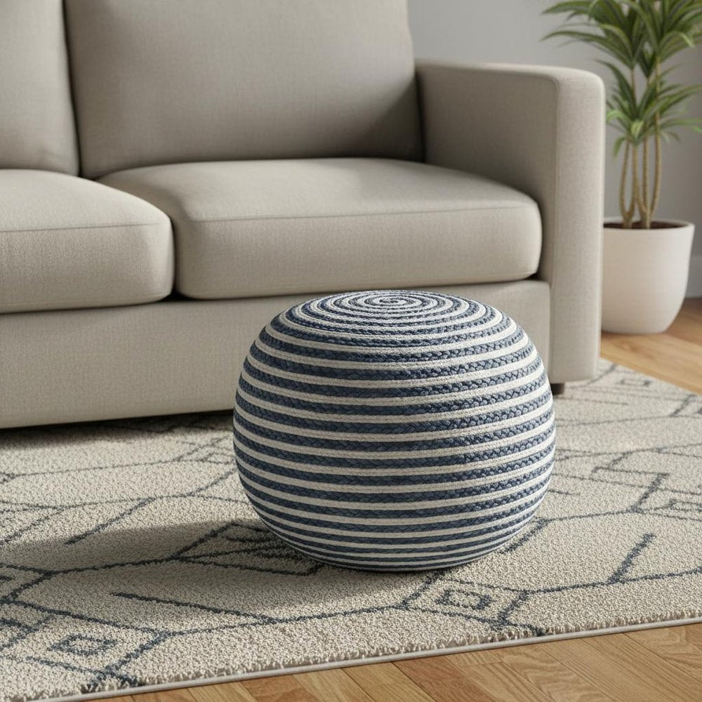 Blue Cotton Blend Round Striped Pouf Ottoman - 20-inch