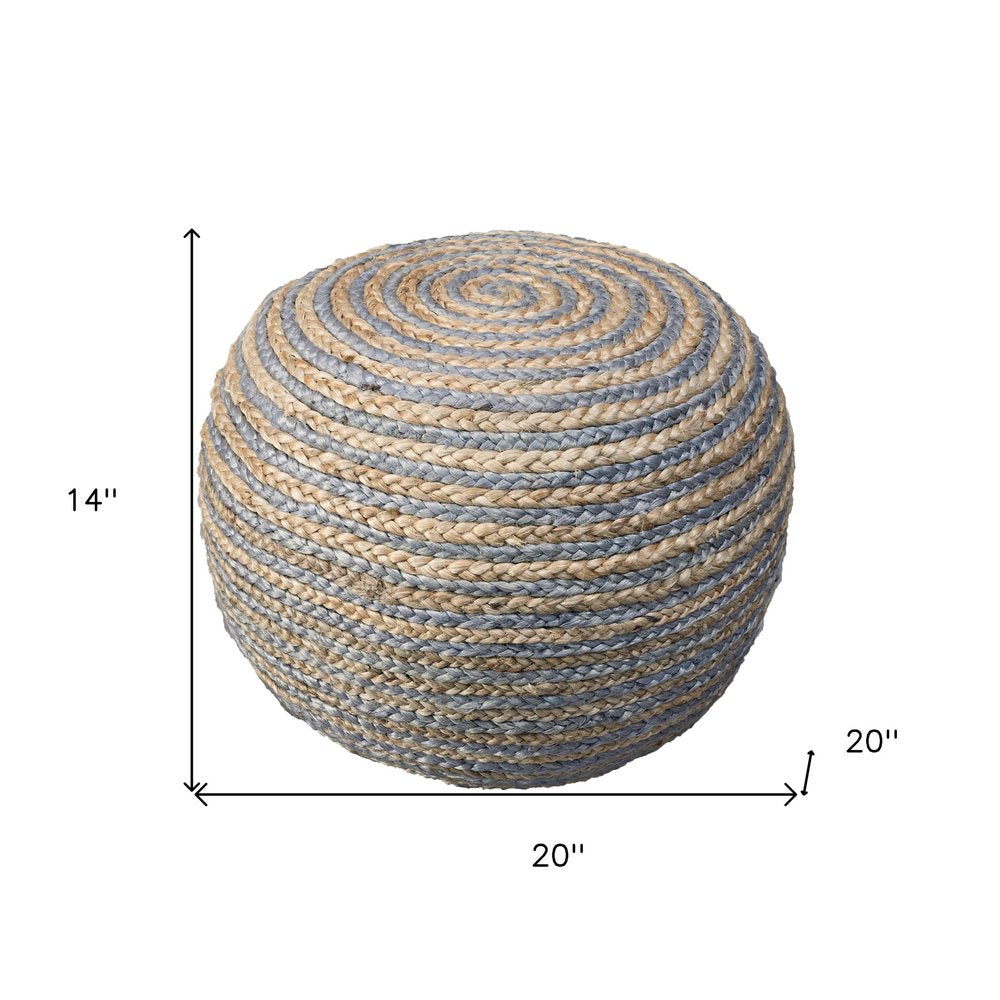 Blue Cotton Blend Round Striped Pouf Ottoman - 20-inch