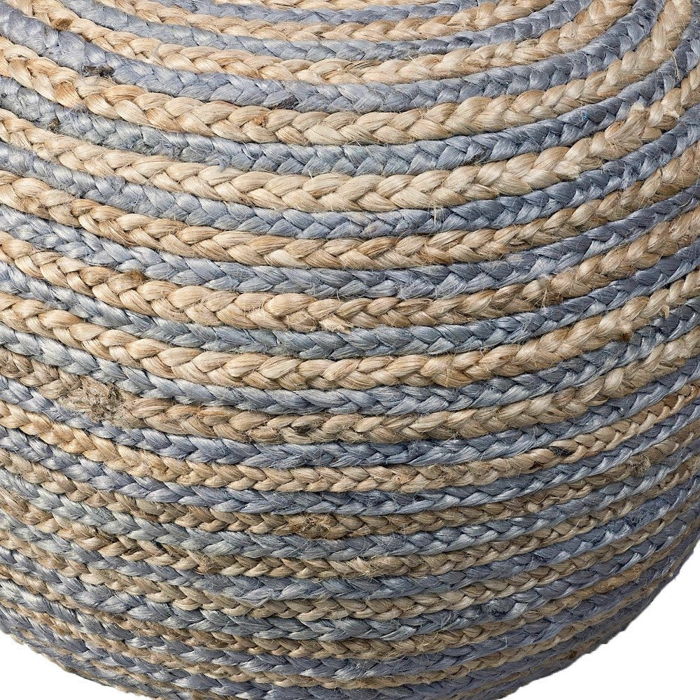 Blue Cotton Blend Round Striped Pouf Ottoman - 20-inch