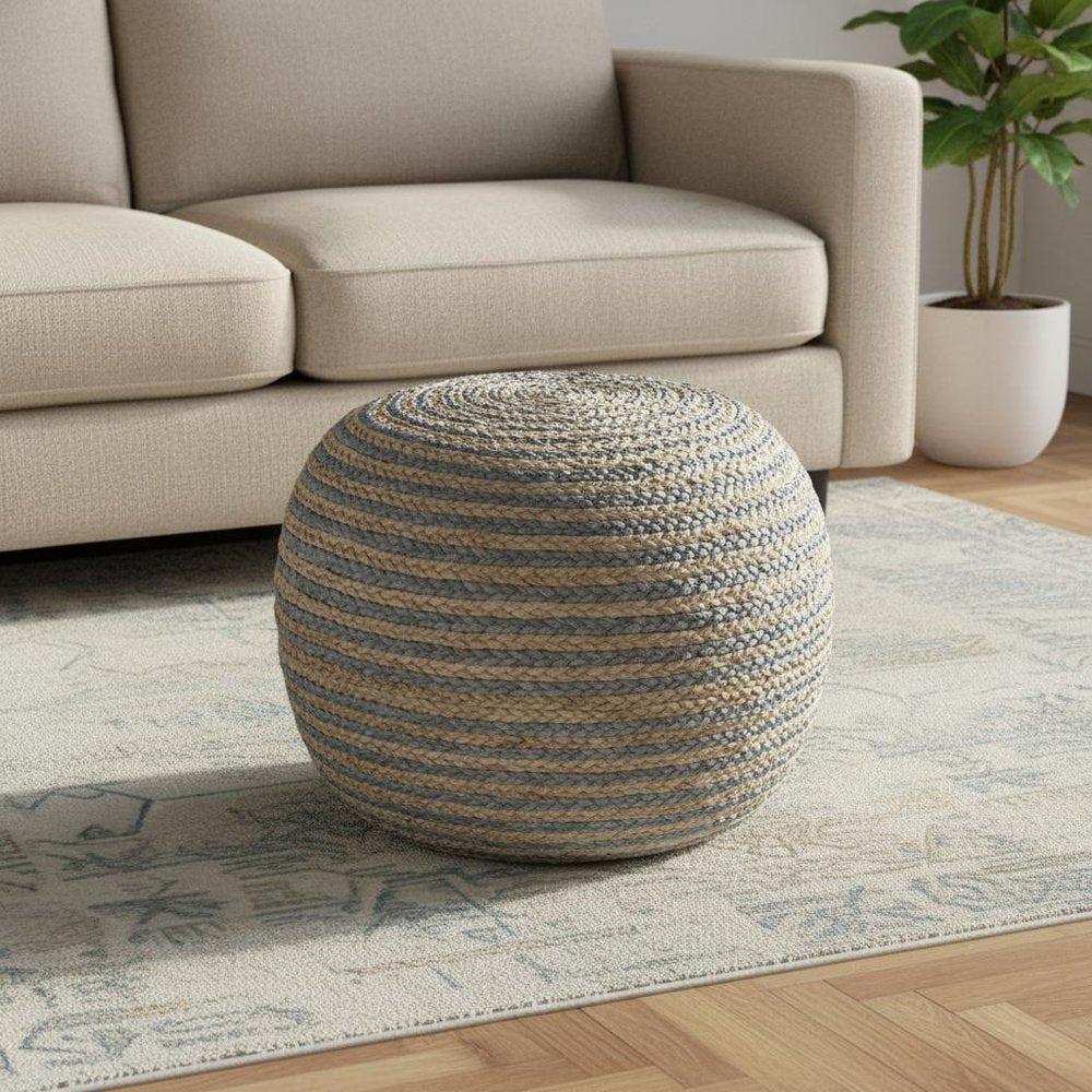 Blue Cotton Blend Round Striped Pouf Ottoman - 20-inch