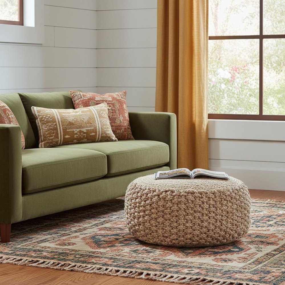 Tan Round Geometric Pouf Ottoman - 20-inch