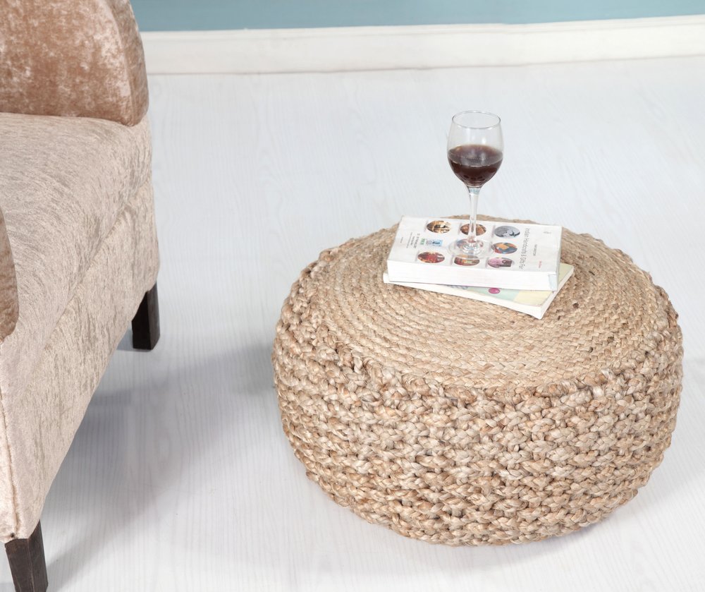Tan Round Geometric Pouf Ottoman - 20-inch