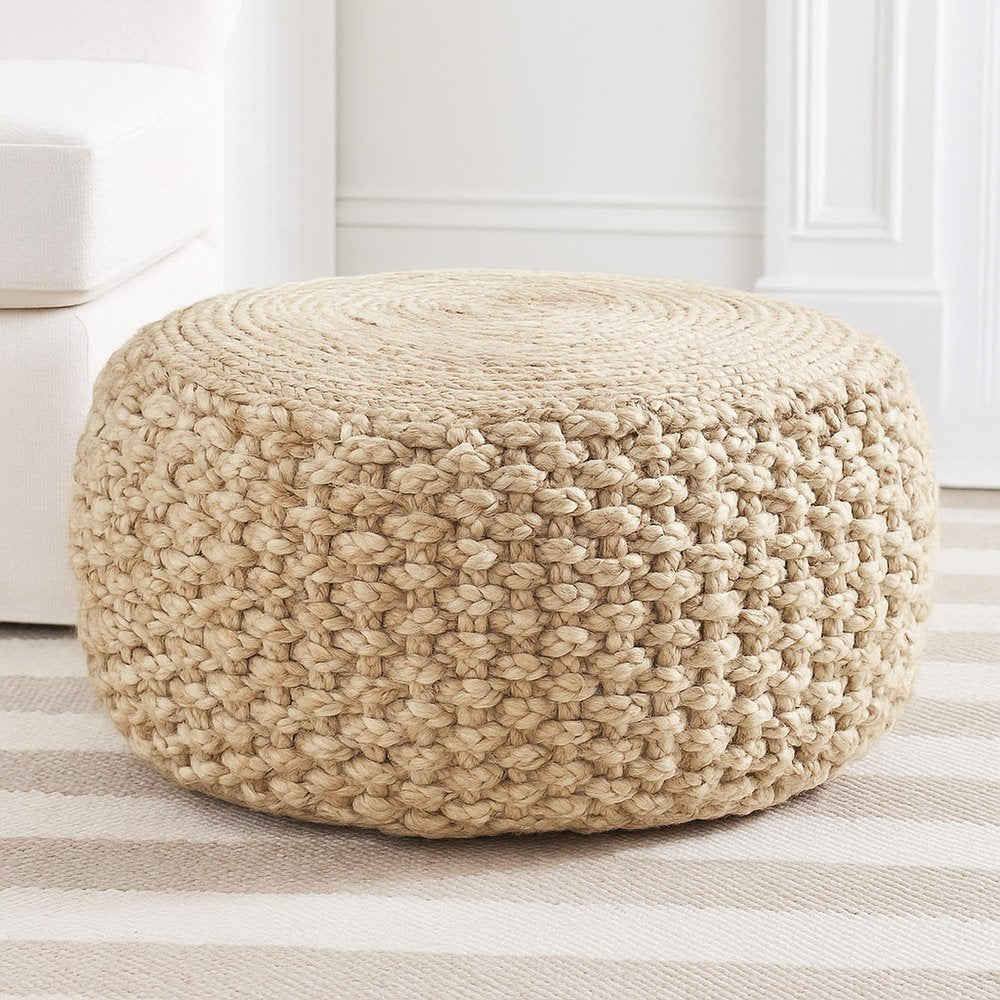 Tan Round Geometric Pouf Ottoman - 20-inch