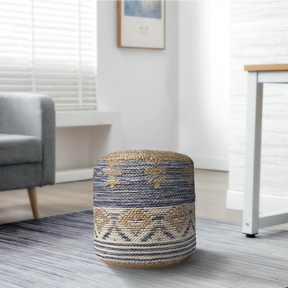 Blue Cylinder Geometric Pouf Ottoman - 18-inch
