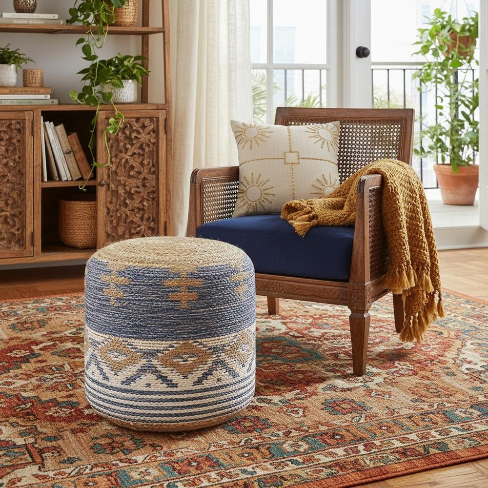 Blue Cylinder Geometric Pouf Ottoman - 18-inch