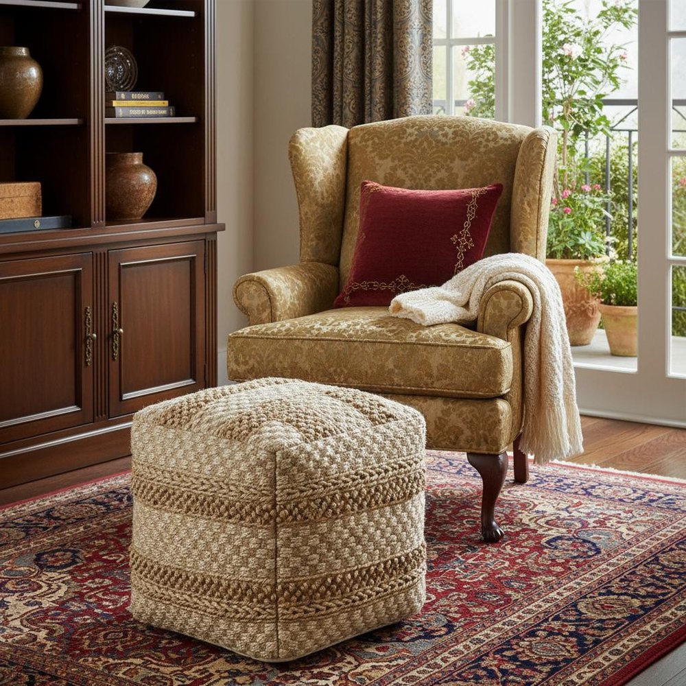Tan Striped Pouf Ottoman - 18-inch