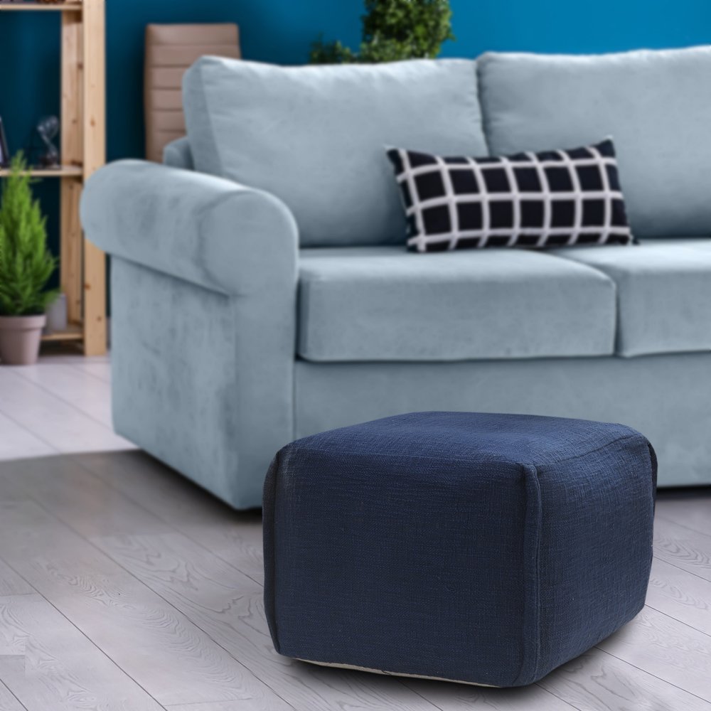 Blue Cotton Patchwork Pouf Ottoman - 18-inch