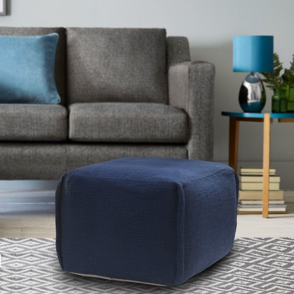Blue Cotton Patchwork Pouf Ottoman - 18-inch