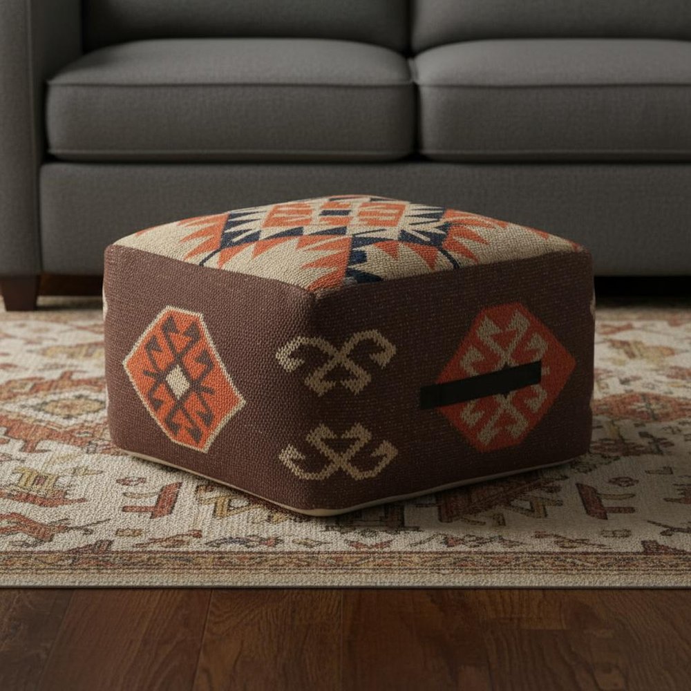 Brown Tribal Pouf Ottoman - 18-inch