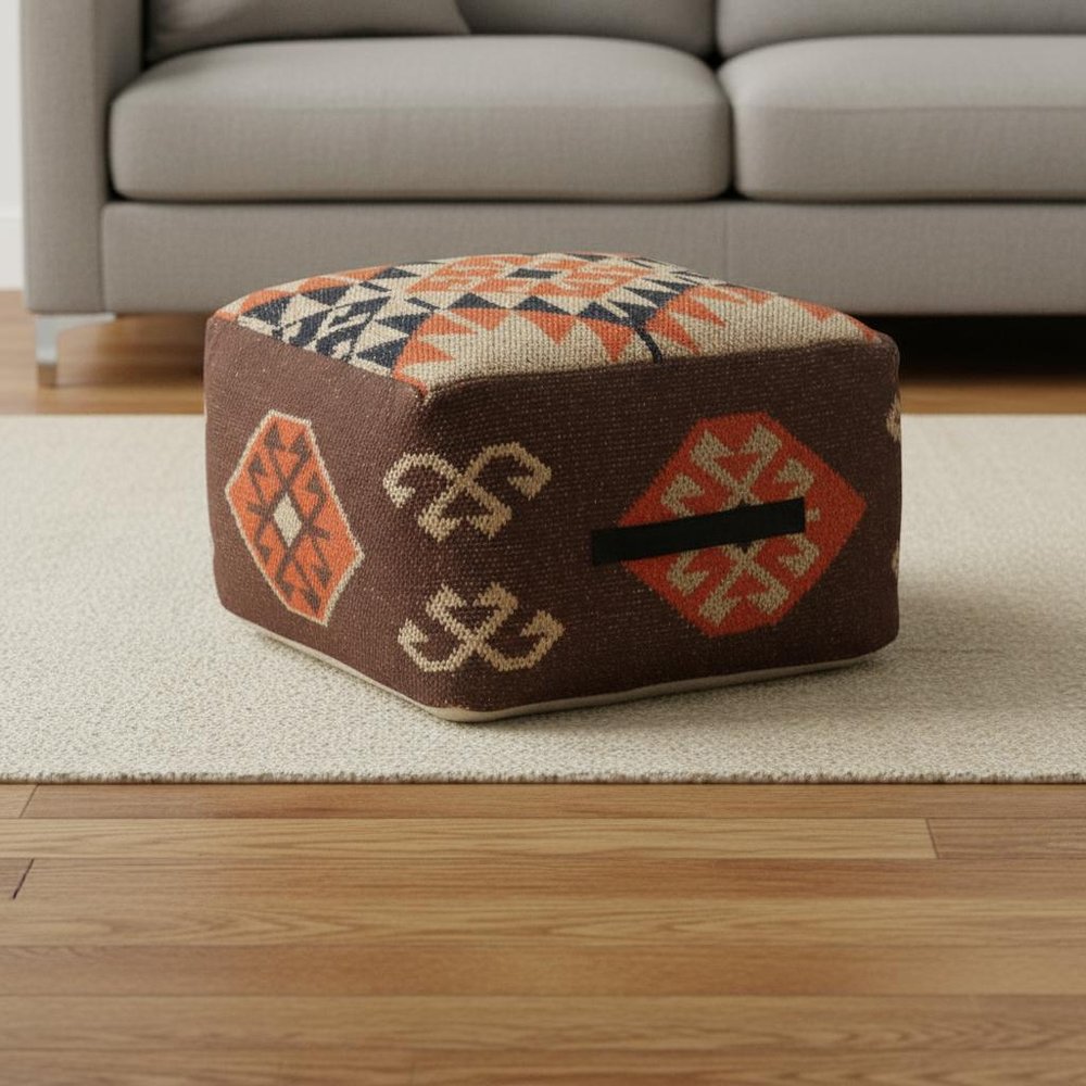 Brown Tribal Pouf Ottoman - 18-inch