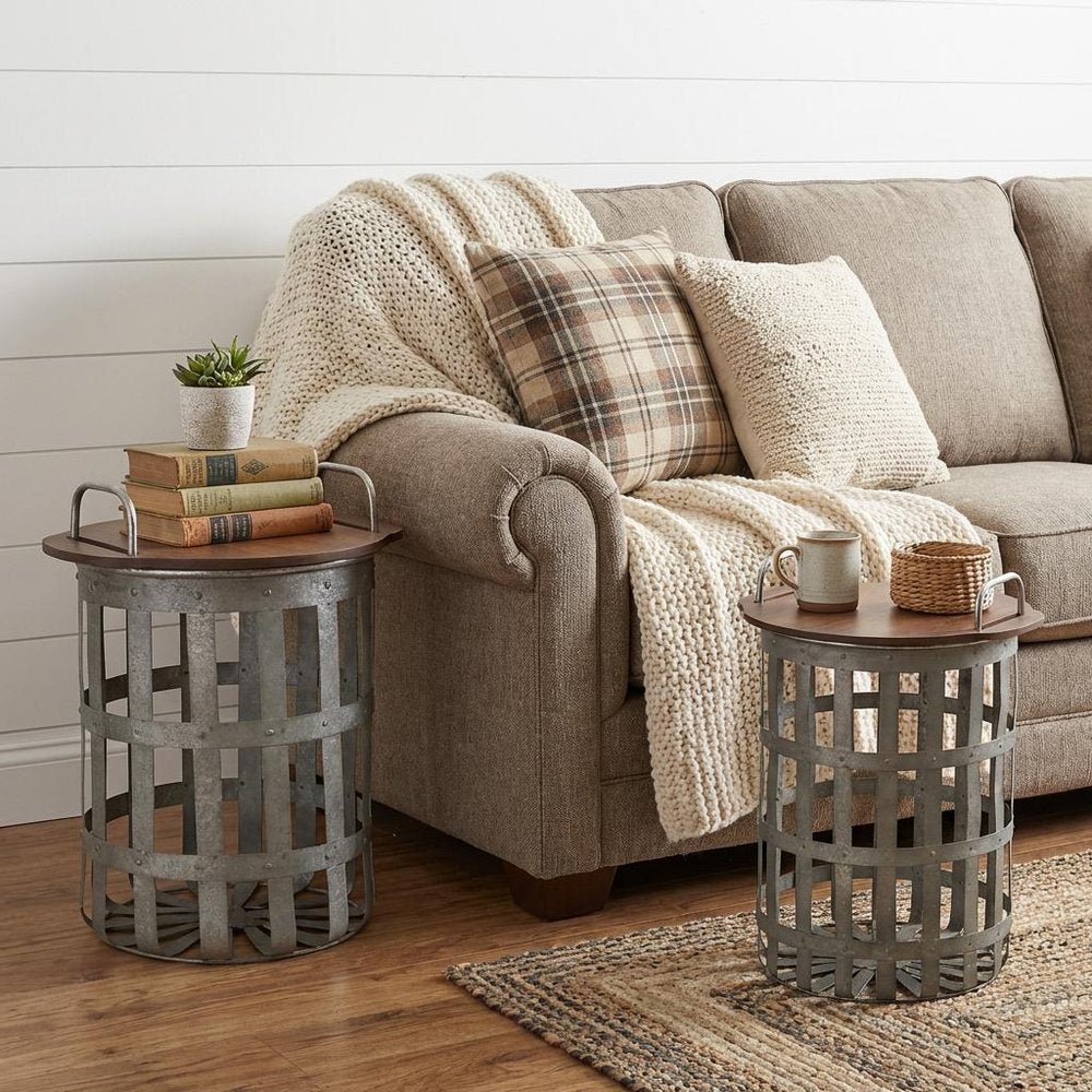 Set of Two 16 Grey and Brown Round End Tables