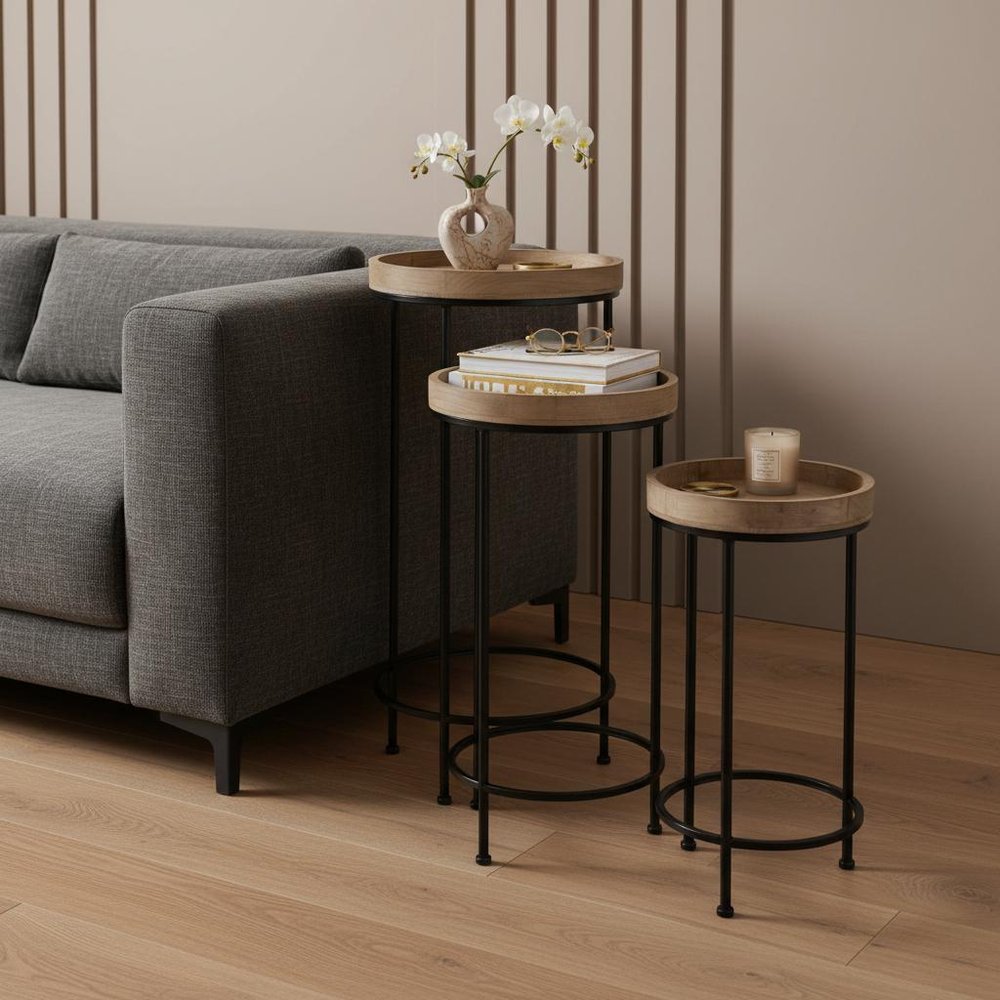 Set of Three 29 Black and Brown Round End Tables