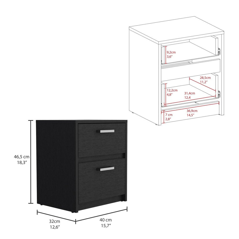 Black Wood Two Drawer Nightstand - 19-inch