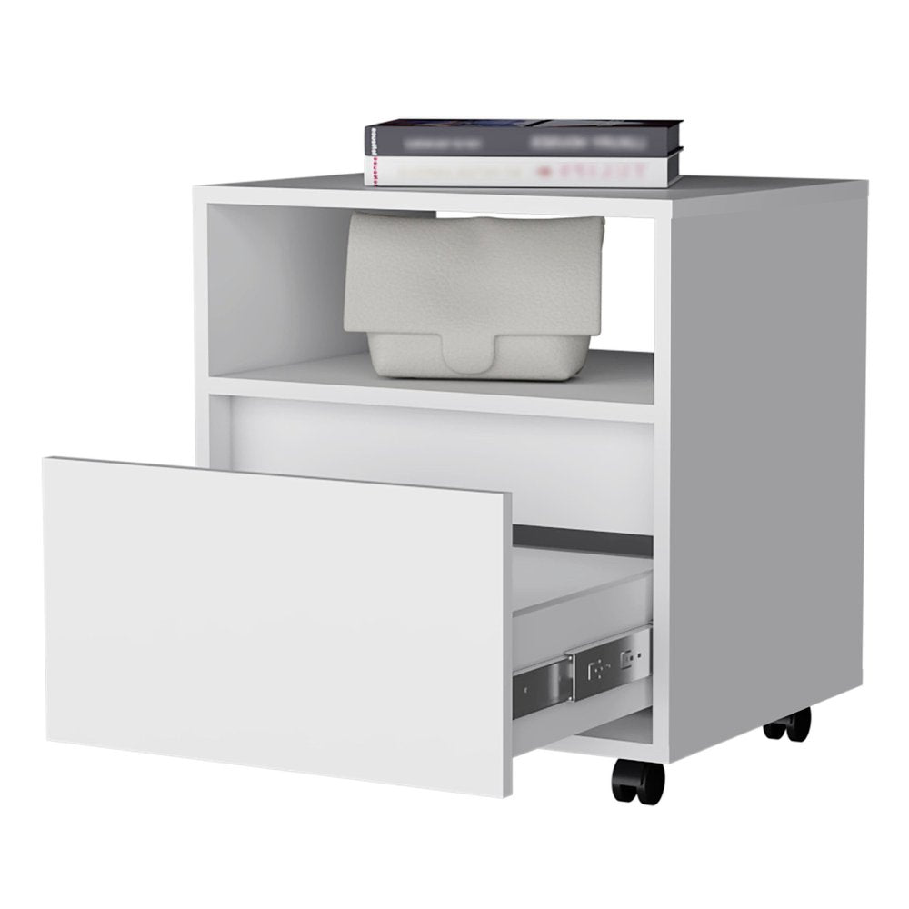 White Wood One Drawer Nightstand with Integrated Tech - 21-inch