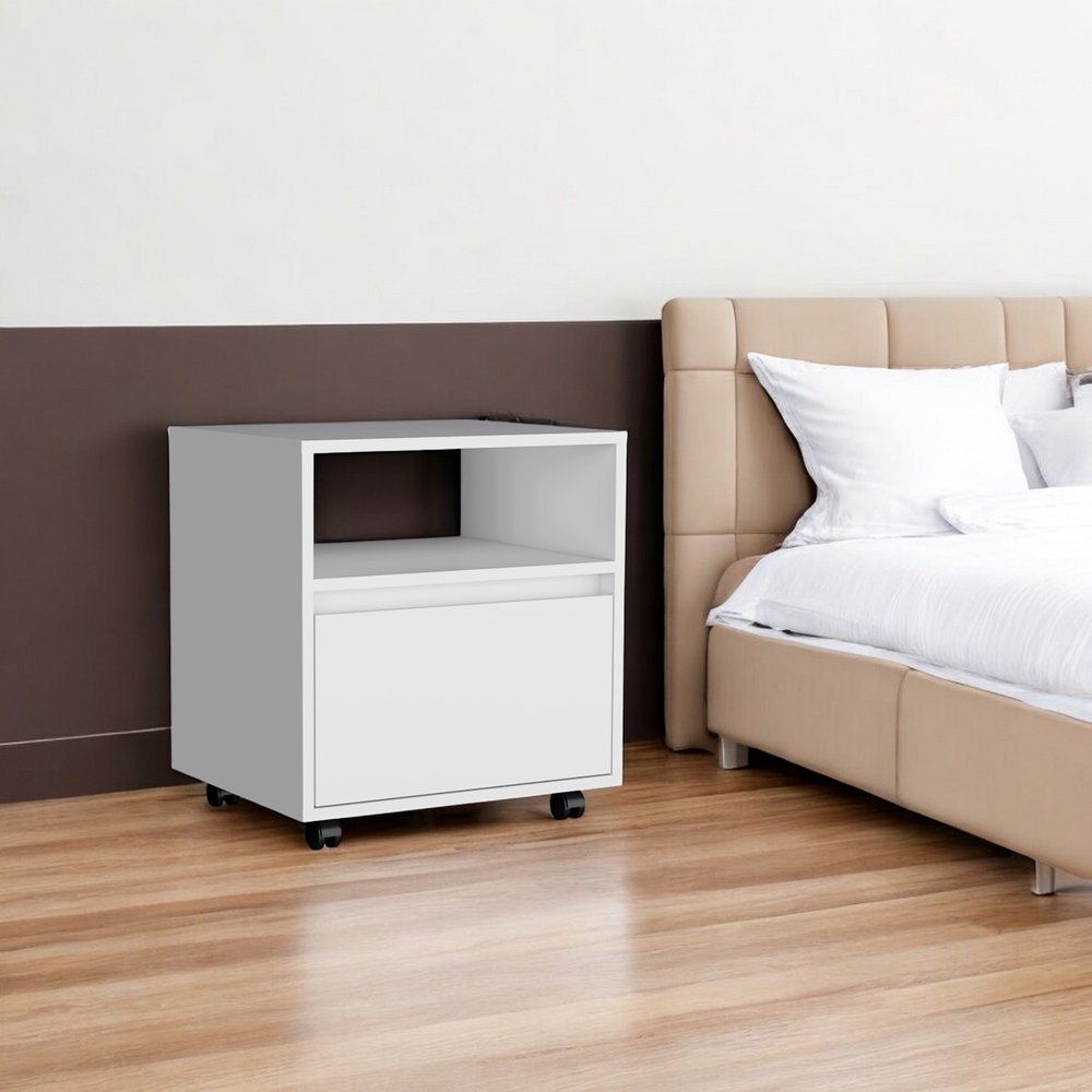 White Wood One Drawer Nightstand with Integrated Tech - 21-inch