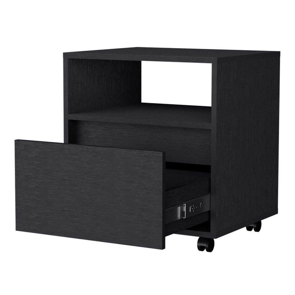 Black Wood One Drawer Nightstand with Integrated Tech - 21-inch