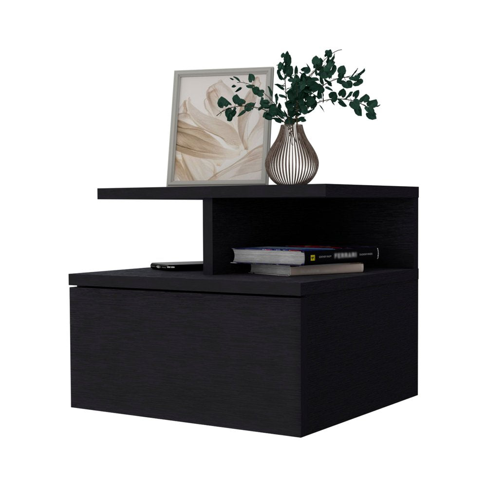 Black Wood One Drawer Nightstand with Integrated Tech - 12-inch