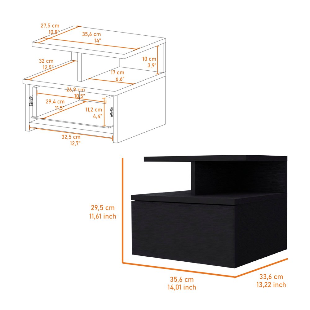 Black Wood One Drawer Nightstand with Integrated Tech - 12-inch