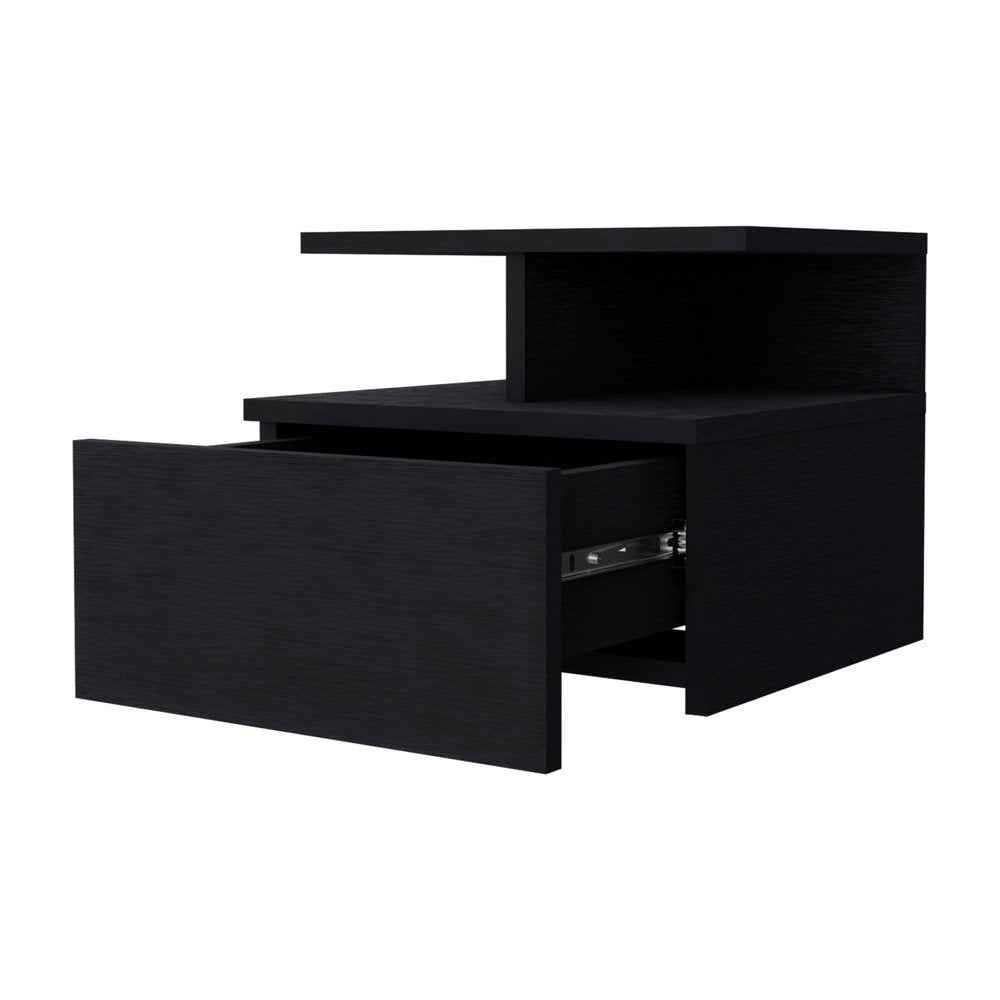 Black Wood One Drawer Nightstand with Integrated Tech - 12-inch