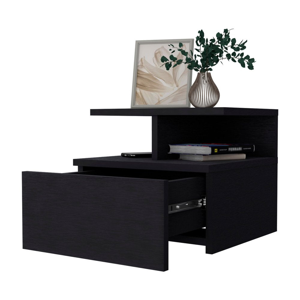 Black Wood One Drawer Nightstand with Integrated Tech - 12-inch