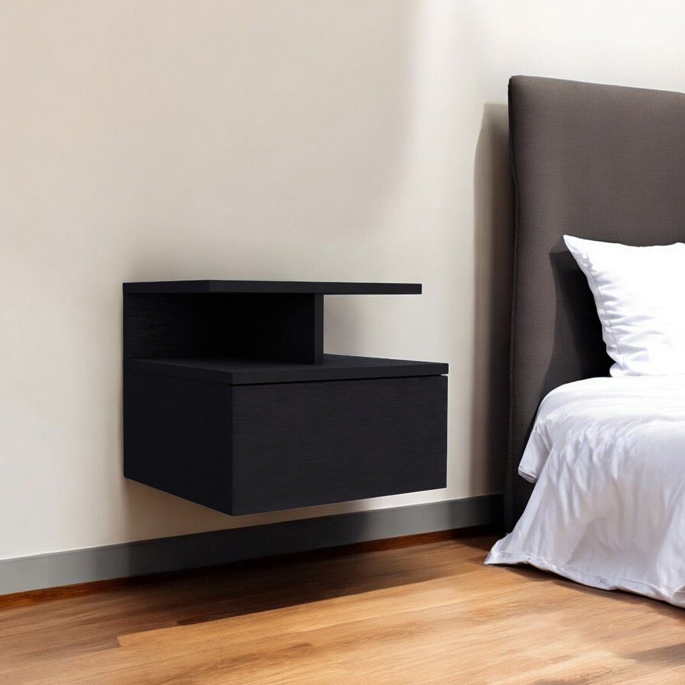 Black Wood One Drawer Nightstand with Integrated Tech - 12-inch
