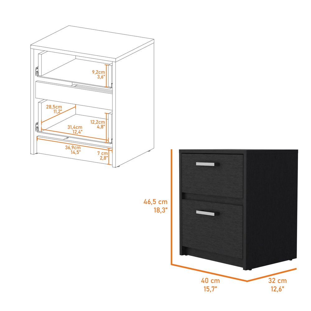 Black Wood Two Drawer Nightstand with Integrated Tech - 19-inch