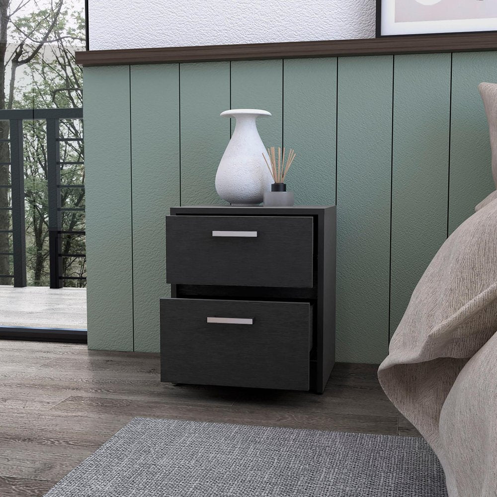 Black Wood Two Drawer Nightstand with Integrated Tech - 19-inch