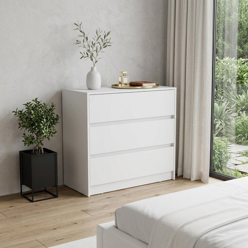White Wood Three Drawer Dresser - 33-inch