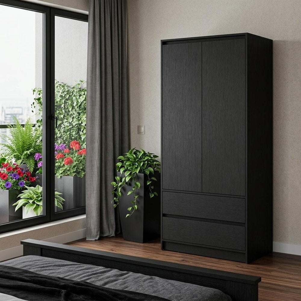 Black Accent Cabinet Soft Close with Multiple Shelves and Three Drawers