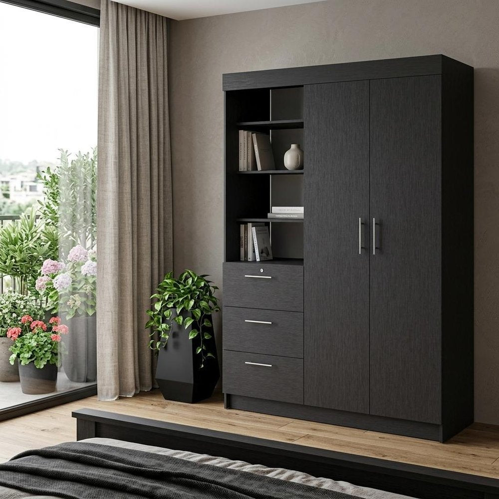 Black Accent Cabinet Soft Close with Three Shelves and One Drawer - 59-inch
