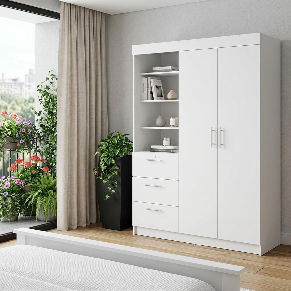 White Accent Cabinet Soft Close with Three Shelves and Three Drawers - 59-inch