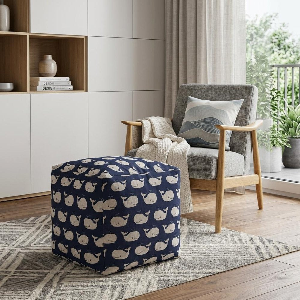 Blue Cotton Whale Pouf Cover - 17-inch