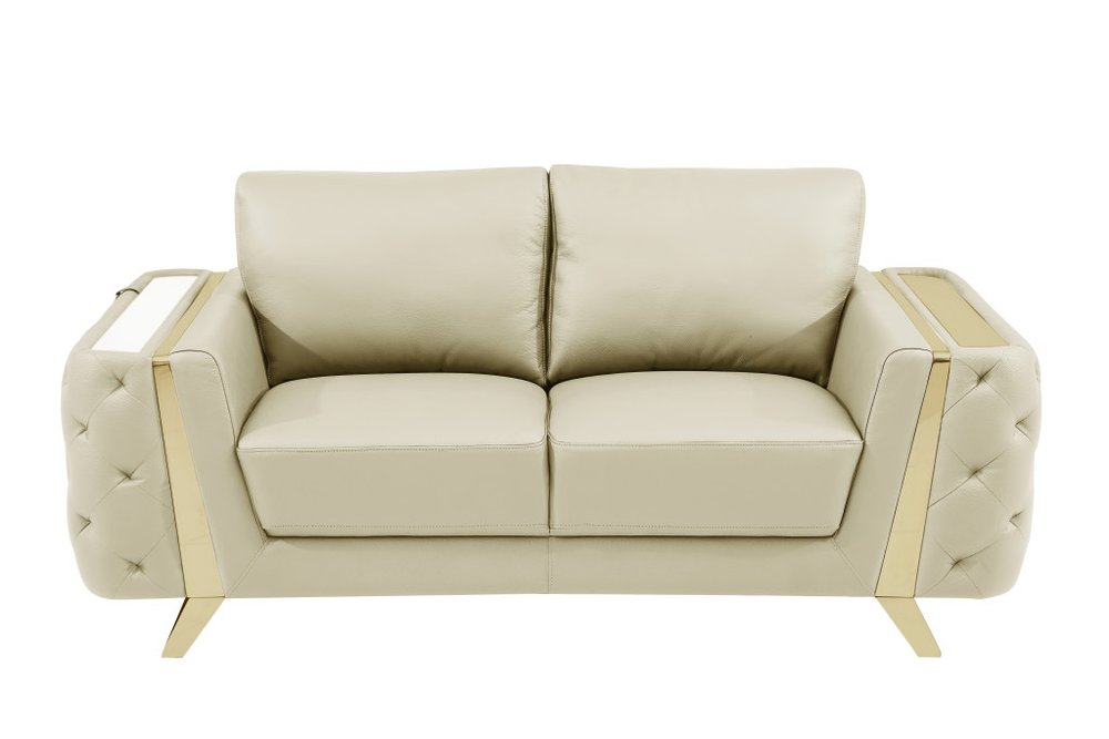Beige and Gold Genuine Leather Loveseat - 72-inch