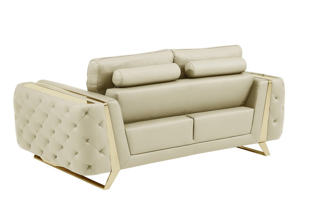 Beige and Gold Genuine Leather Loveseat - 72-inch