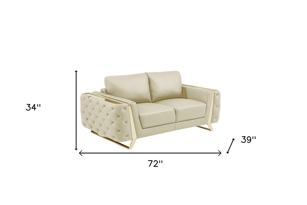 Beige and Gold Genuine Leather Loveseat - 72-inch