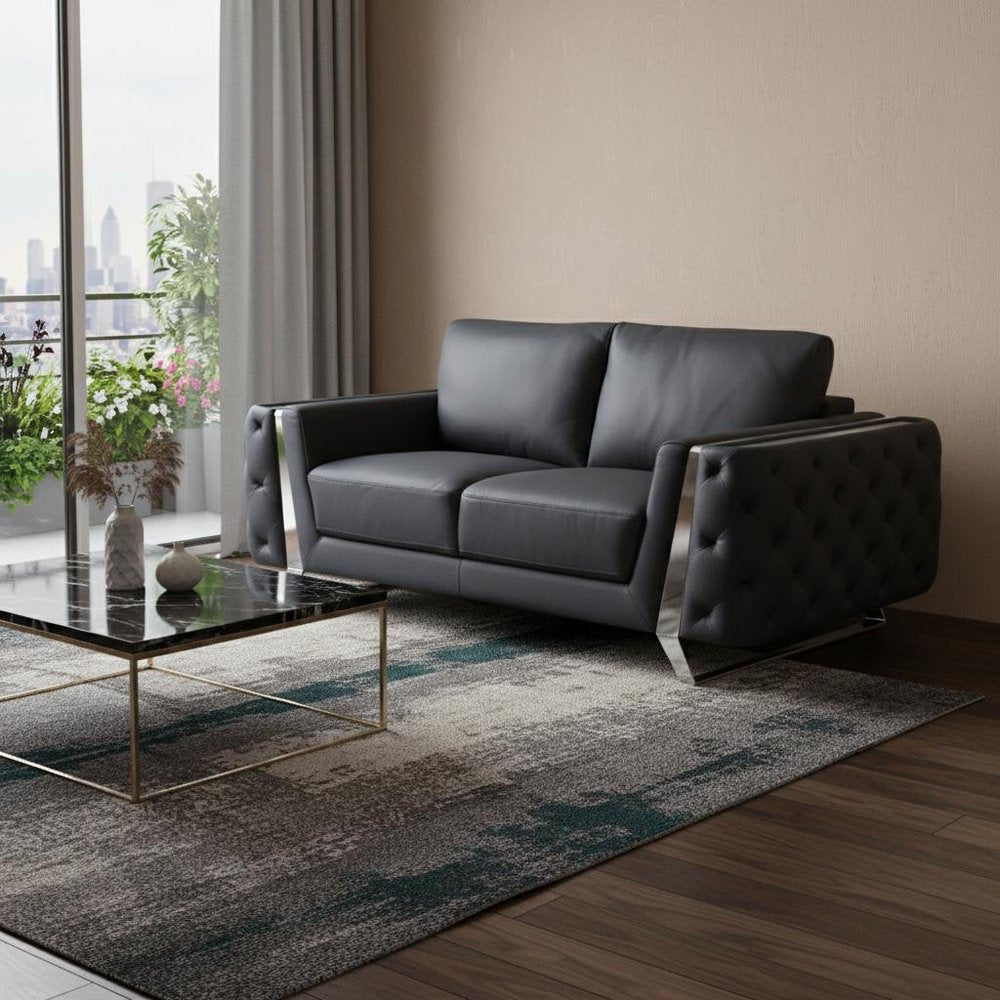 Dark Gray and Silver Genuine Leather Loveseat - 72-inch