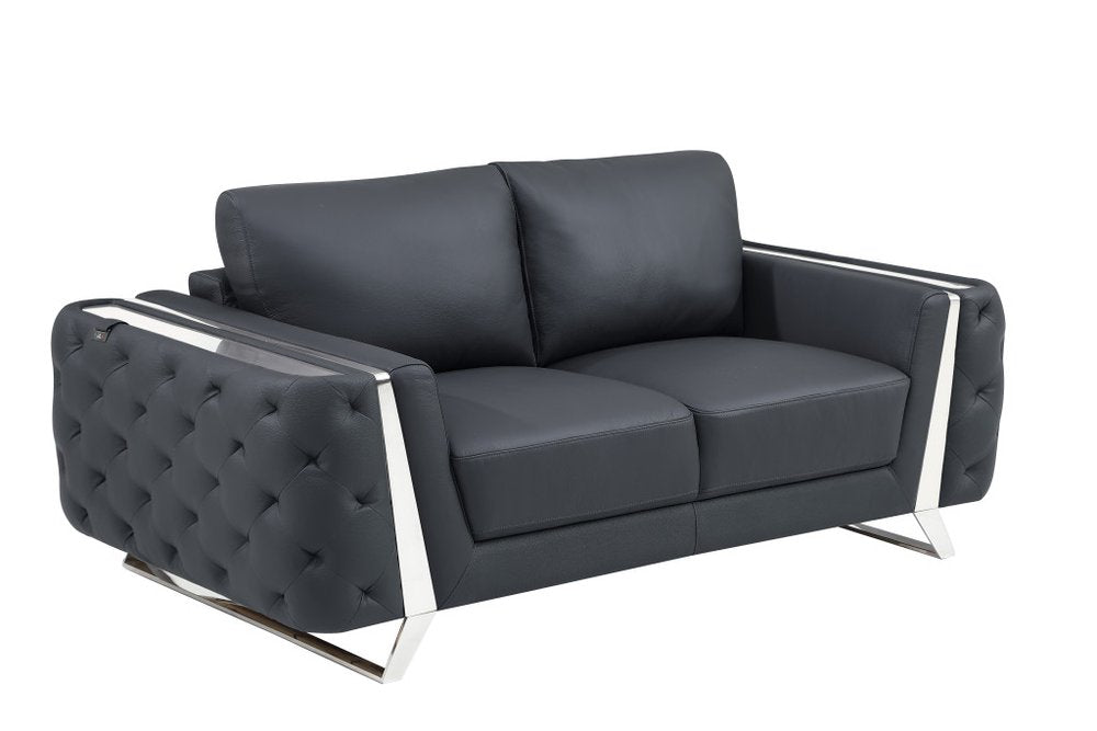 Dark Gray and Silver Genuine Leather Loveseat - 72-inch