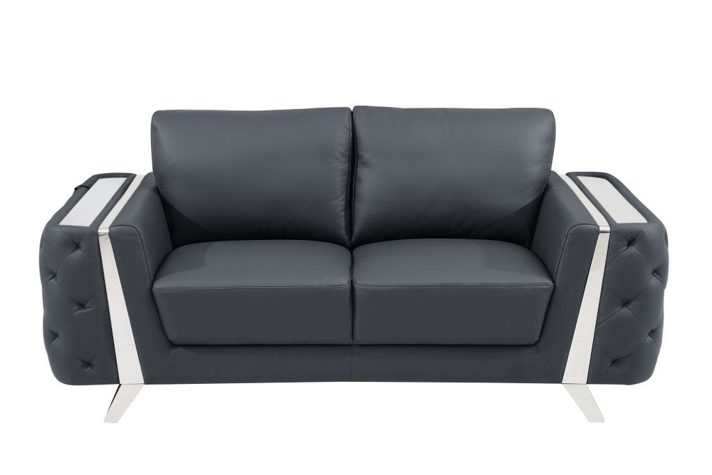 Dark Gray and Silver Genuine Leather Loveseat - 72-inch